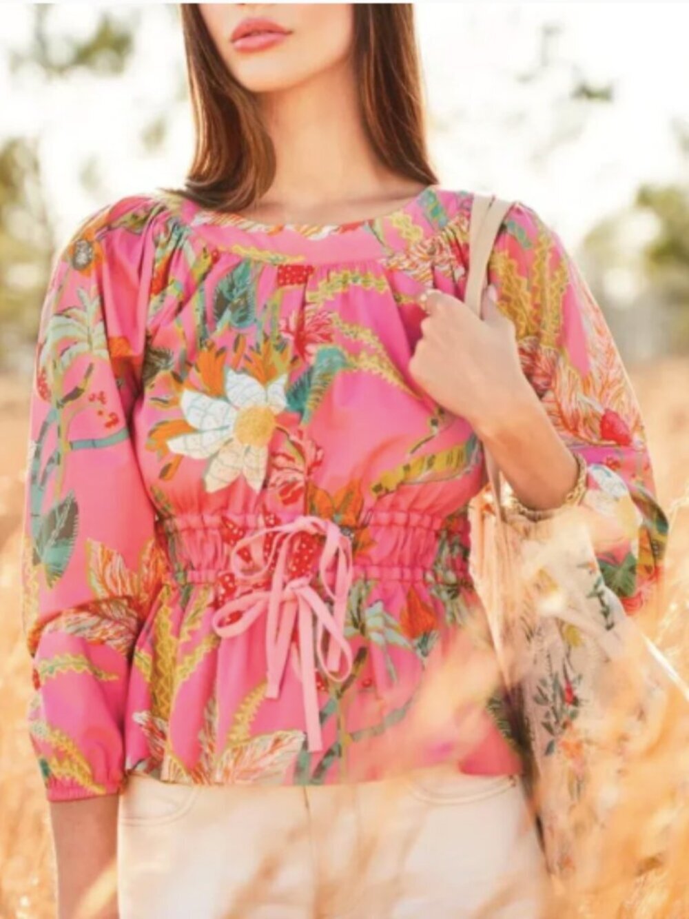 NWT Spartina 449 Colette Tropical Blouse Top Queenie Topiary Pink Balloon Sleeve